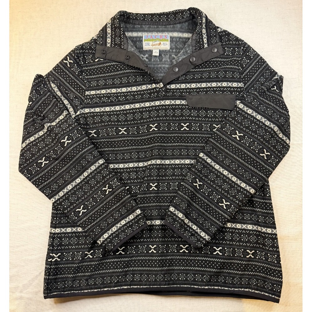 Jachs Cabin Women M Black White Fair Isle 1/4 Button Snap Fleece Pullover Jacket